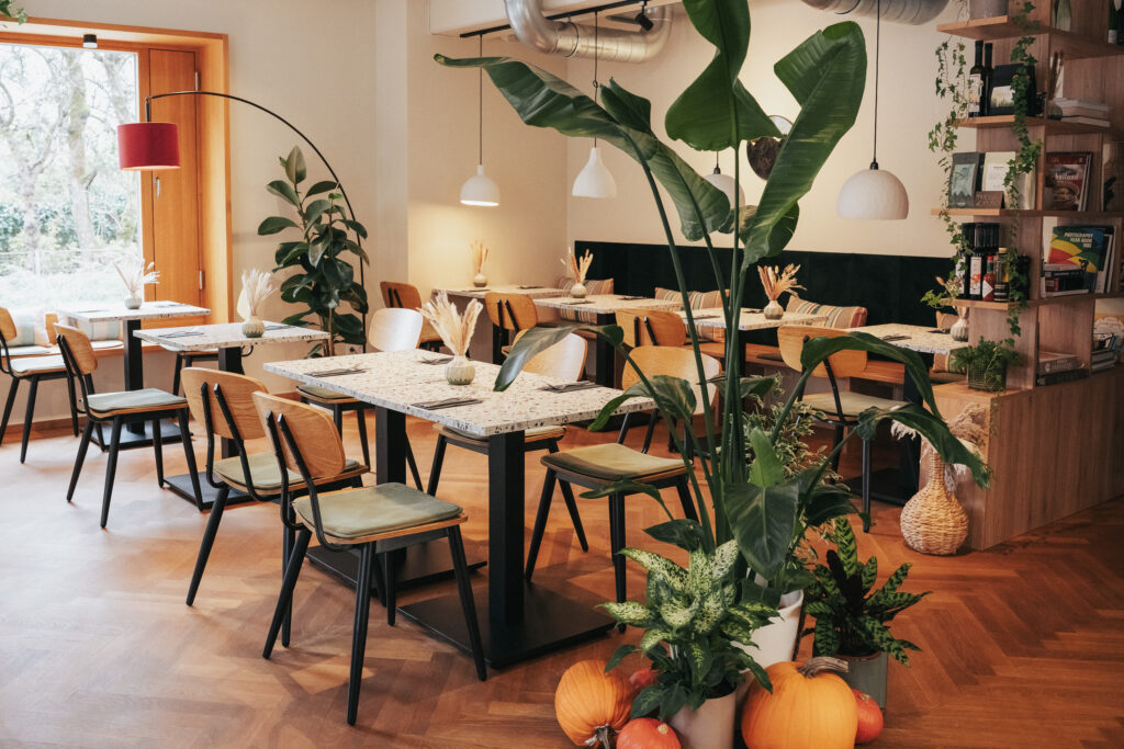 Einladender Bereich des Cafe Bardeli mit Tischen, Stühlen und Pflanzen